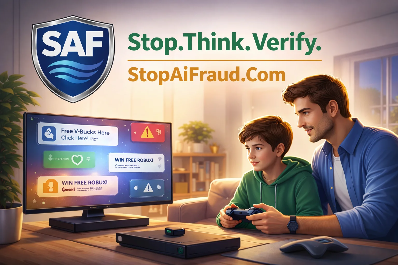 Parent and child gaming together with SAF Stop Think Verify message highlighting online scam awareness in Roblox, Fortnite, Xbox, and PlayStation environments.
