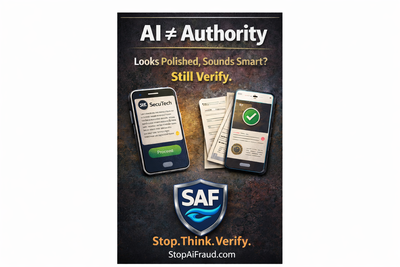 SAF fraud awareness poster: AI ≠ Authority. AI ≠ Authority. Looks Polished, Sounds Smart? Still Verify.