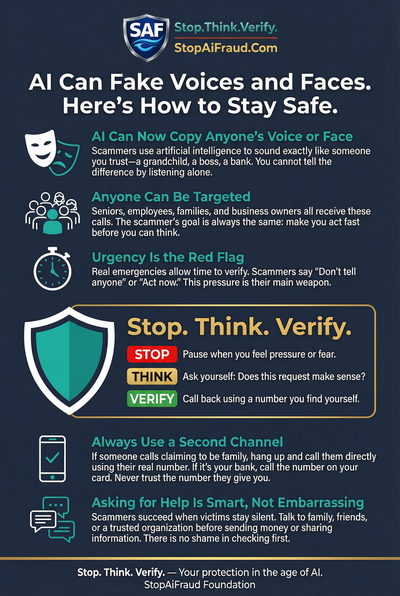 Educational infographic explaining AI voice and face impersonation scams, warning signs like urgency, and the Stop. Think. Verify. safety framework developed by StopAiFraud Foundation.