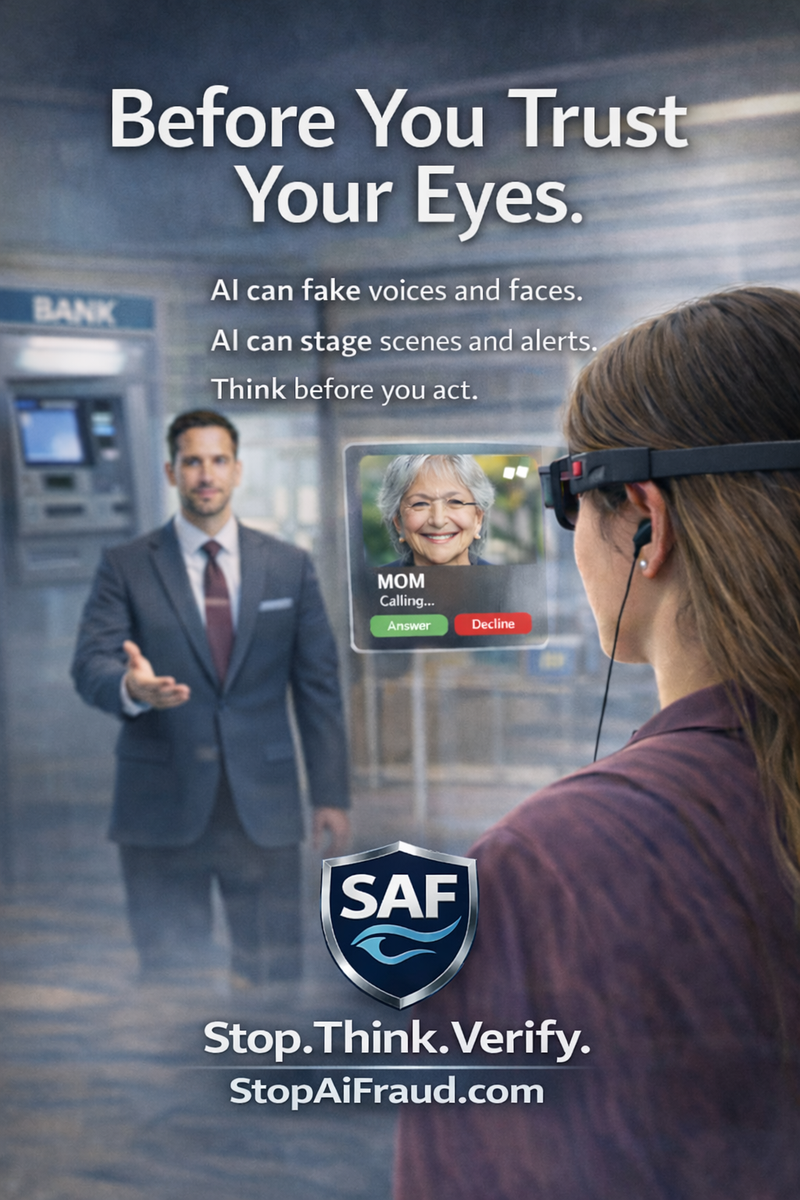 SAF fraud awareness poster: Assume Voices Can Be Faked. Assume Voices Can Be Faked. Use a FAMILY SAFE WORD - Challenge the Call