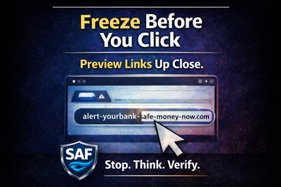 SAF fraud awareness poster: Check the URL Every Time. Preview Links Up Close. Hover over links to inspect URLs before clicking.
