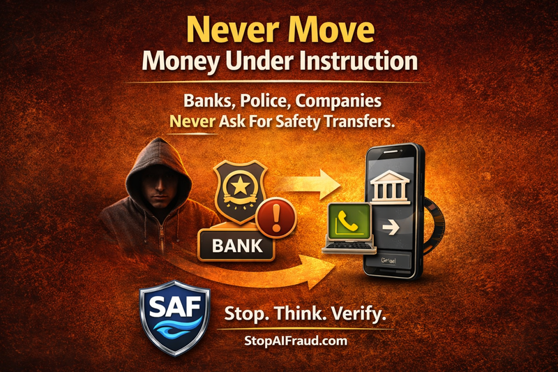 SAF fraud awareness poster: Never Move Money Under Instruction. Never Move Money Under Instruction. Banks, Police, Companies Never Ask For Safety Transfers