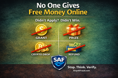 SAF fraud awareness poster: No One Gives Free Money Online. No One Gives Free Money Online. Didn't Apply? Didn't Win.