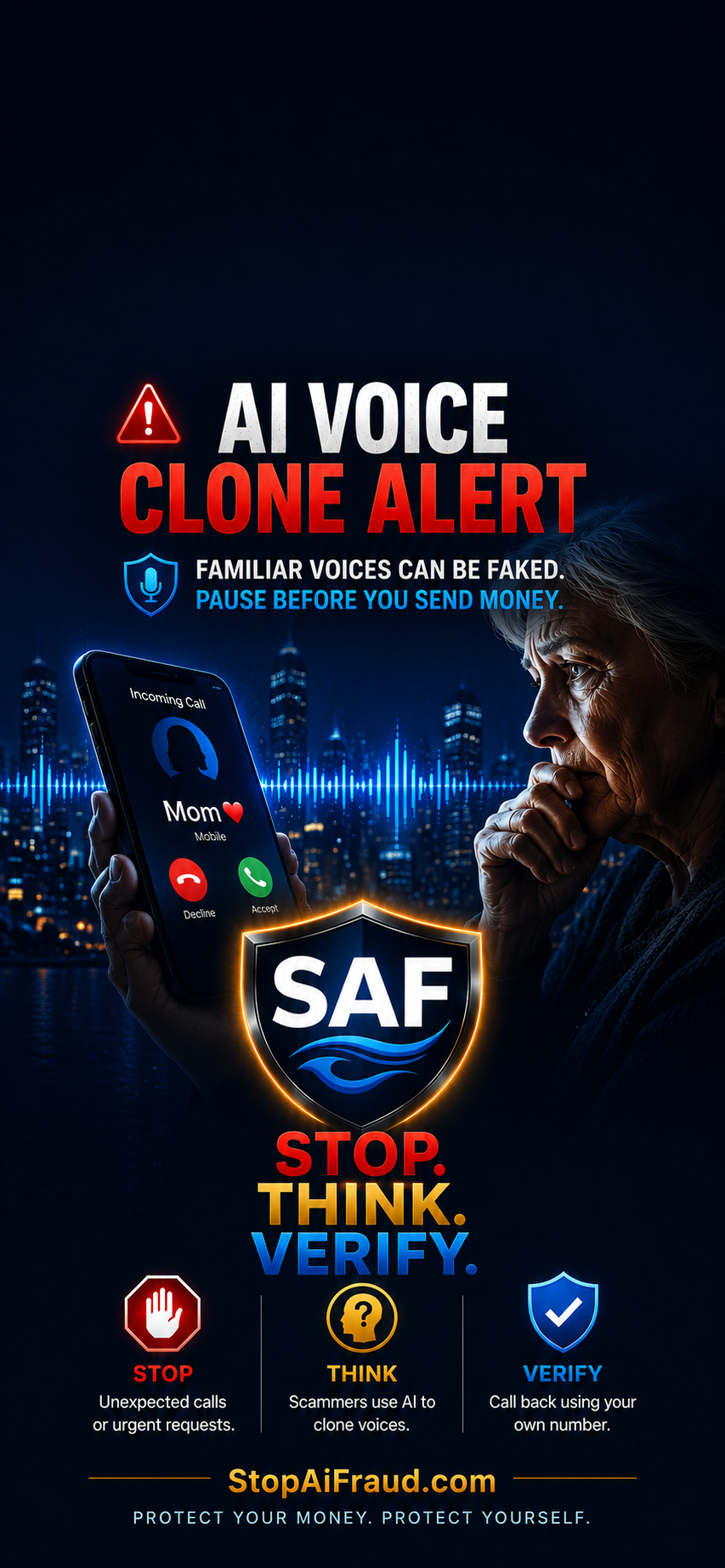SAF AI Voice Clone Alert wallpaper warning users that familiar voices can be faked using artificial intelligence