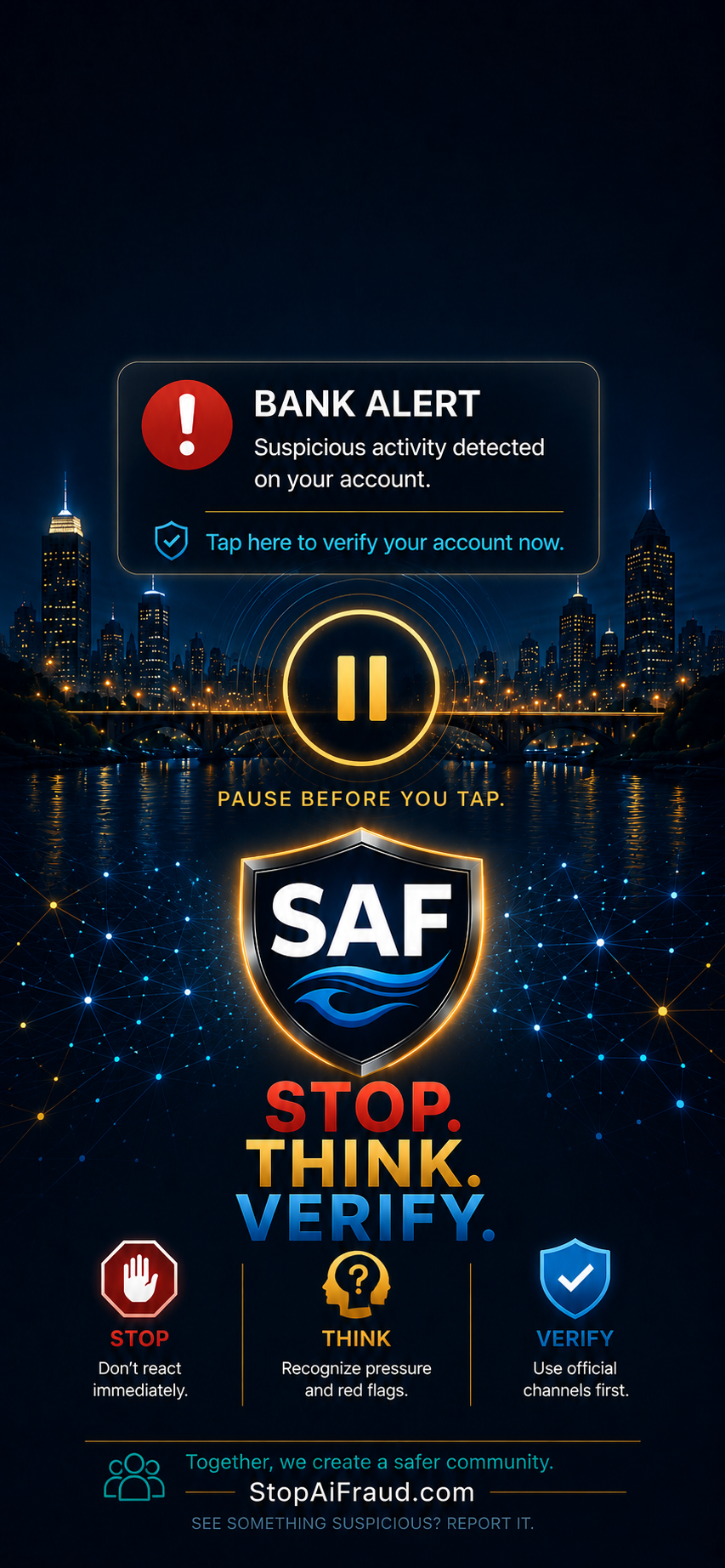 SAF Bank Alert wallpaper showing a fake suspicious activity notification with Pause Before You Tap message, SAF shield logo, and Stop Think Verify framework