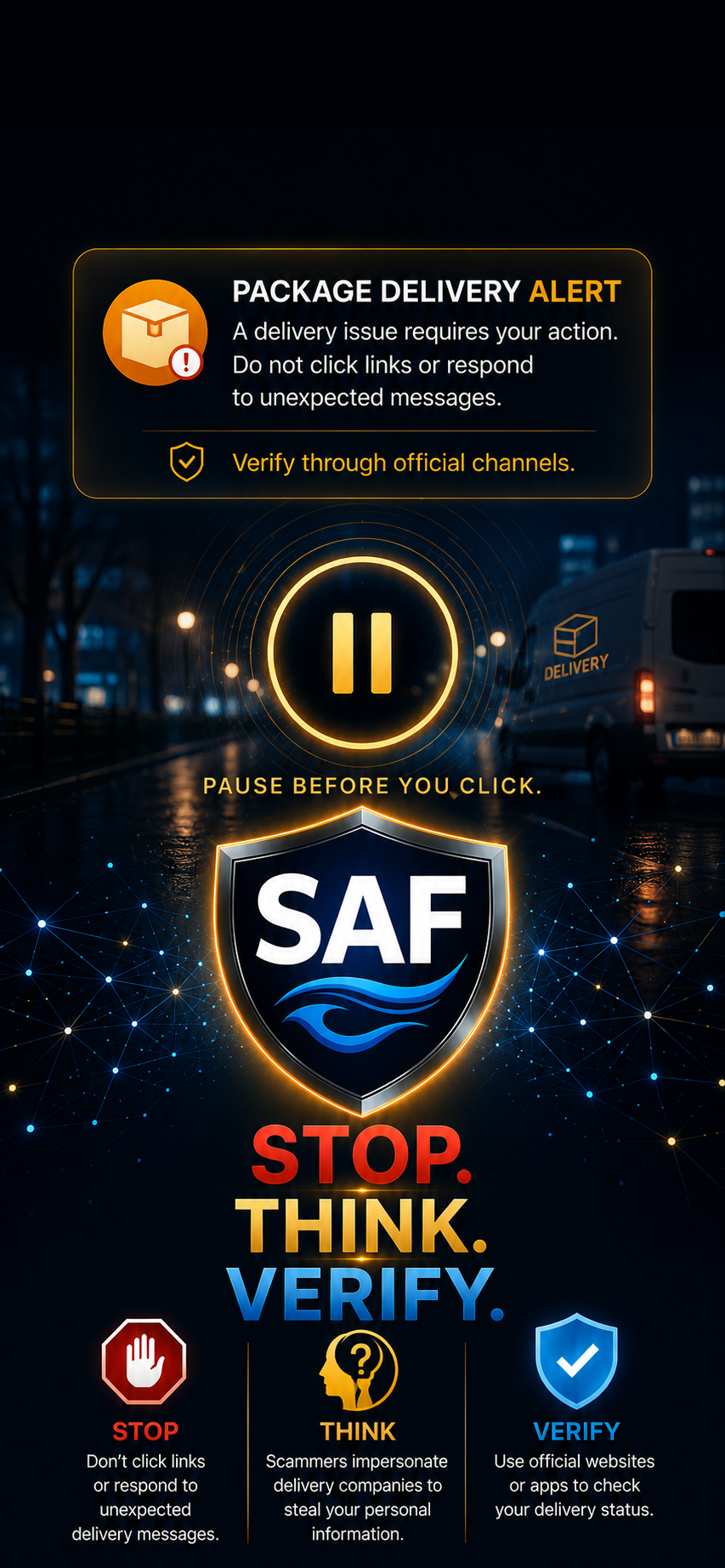 SAF Package Delivery Alert wallpaper showing a phishing delivery notification with Pause Before You Click message, SAF shield logo, and Stop Think Verify framework